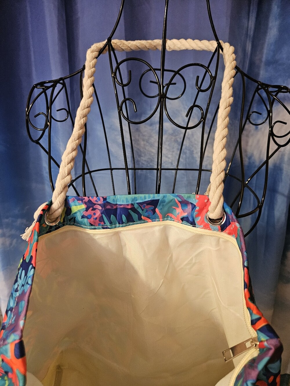 Tropical Starfish Print Rope-Handle Tote Bag - Navy & Multicolor - Picture 4 of 9